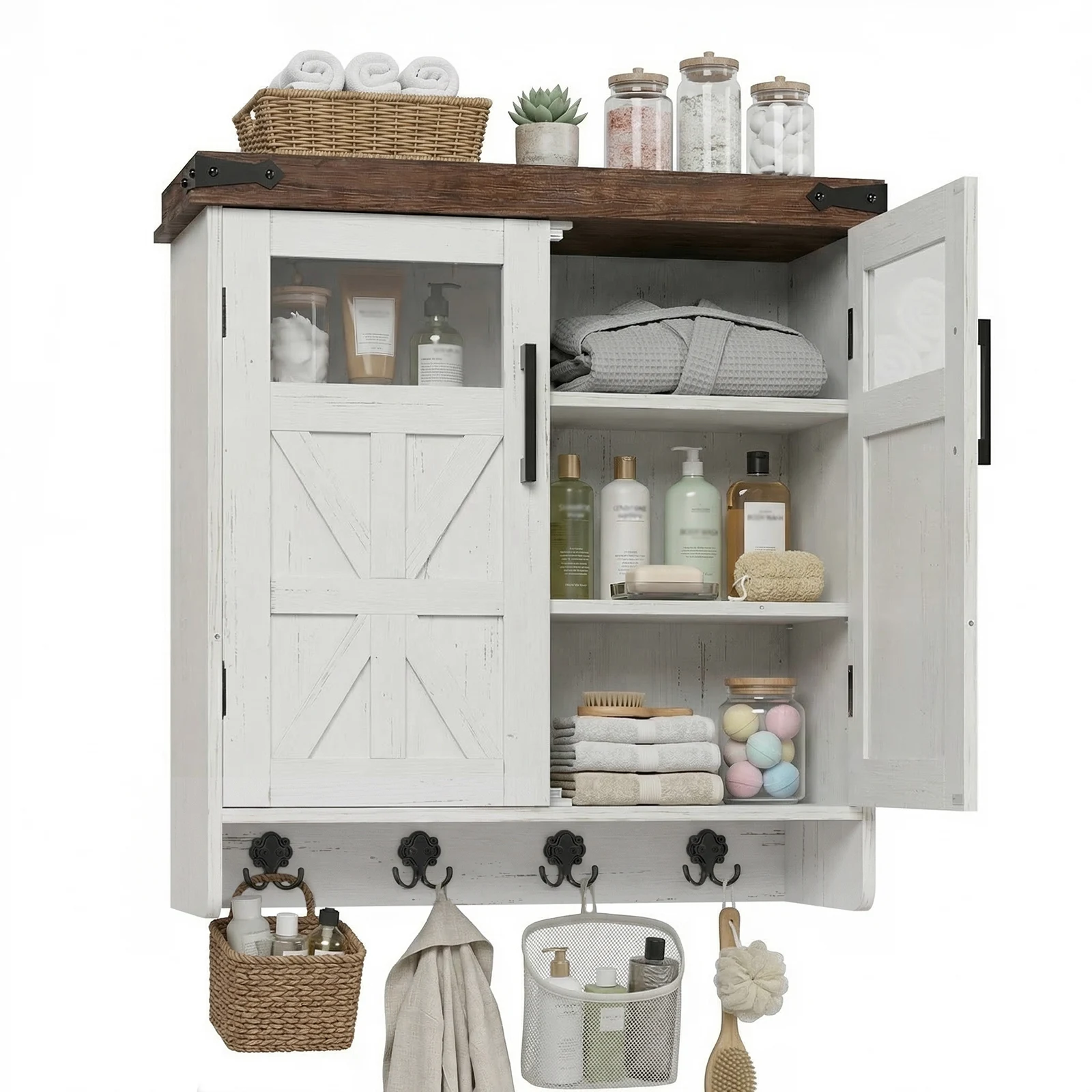 Wall Cabinet with Adjustable Shelves & Hooks